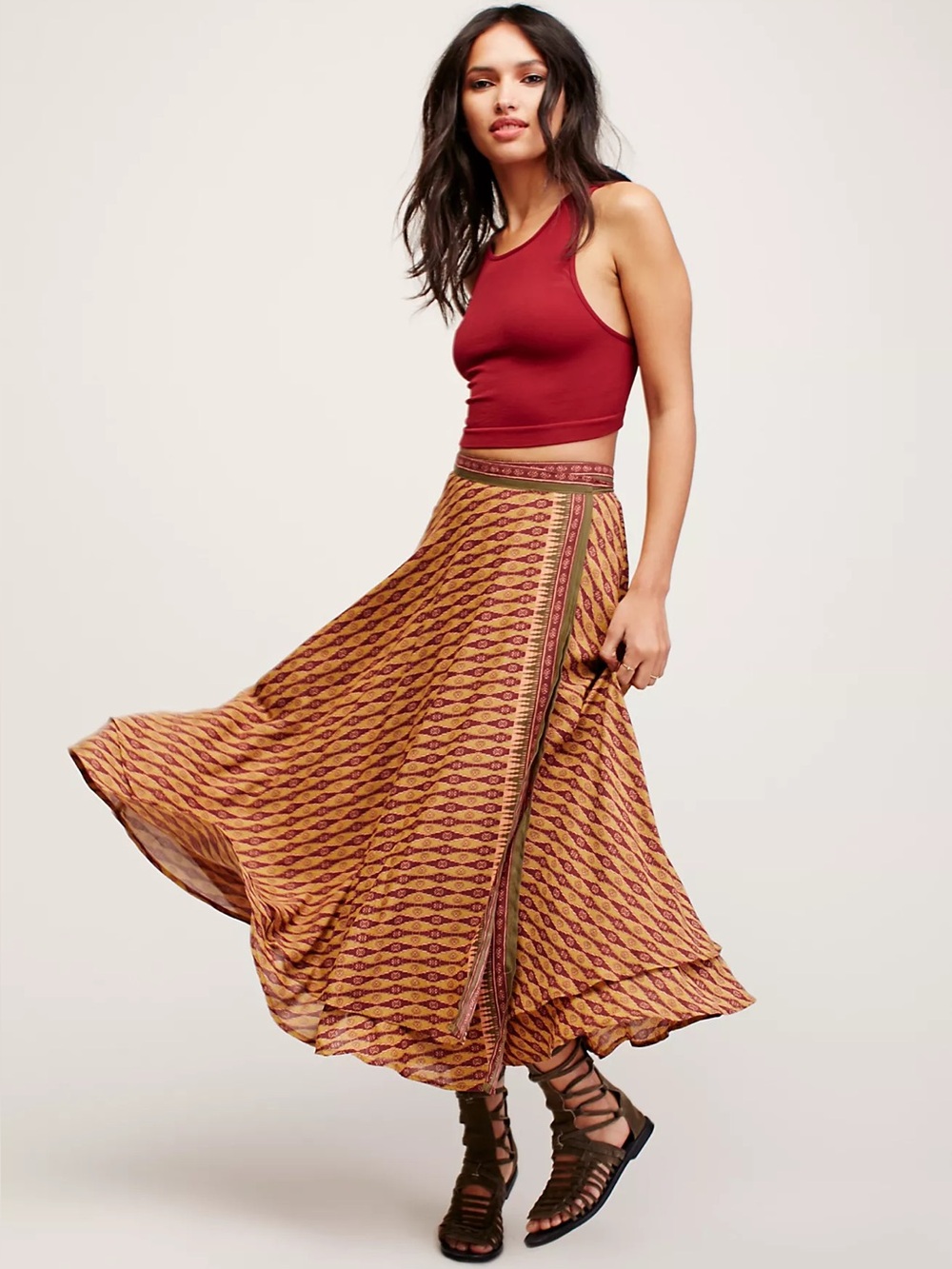 Free People Good 4 U Print Midi Skirt Tan Wine Size 2